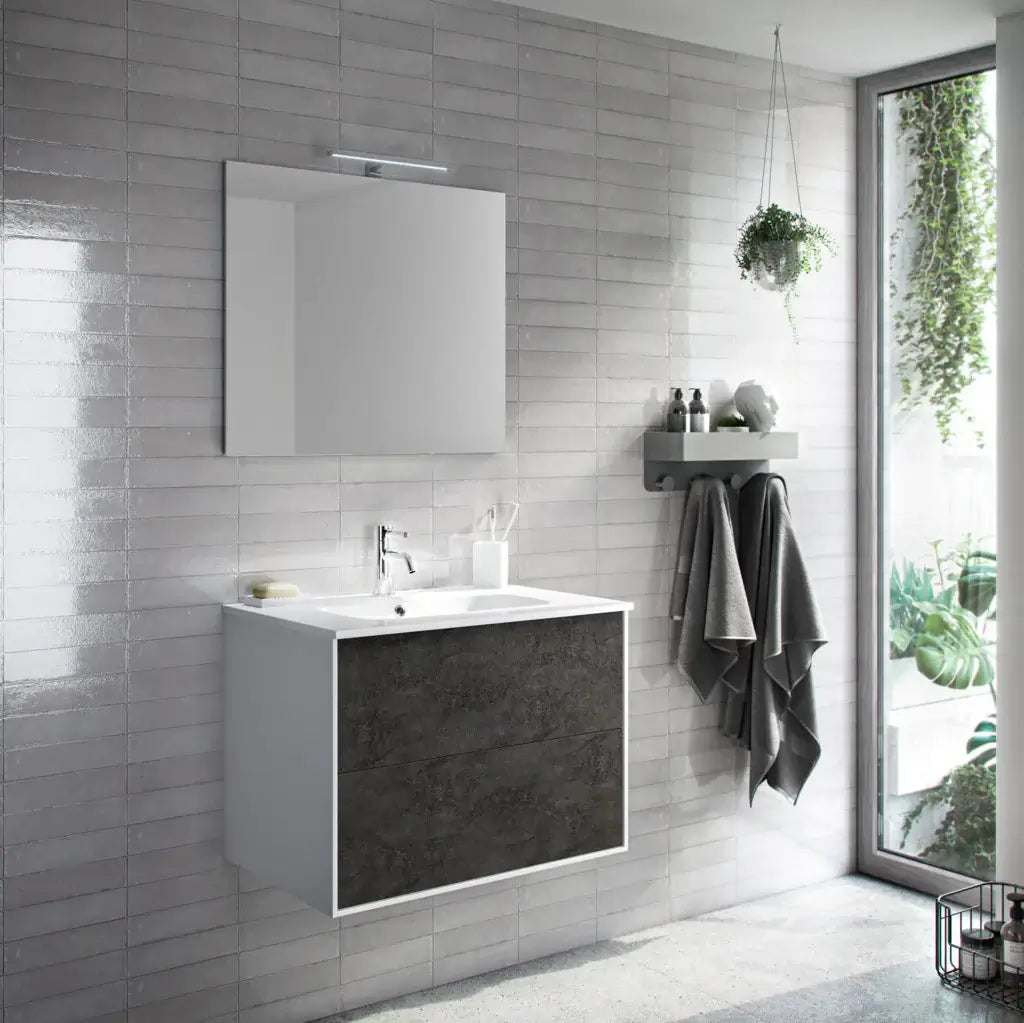Mobile Bagno 80cm Sospeso Due Cassetti e Specchio - Ossido