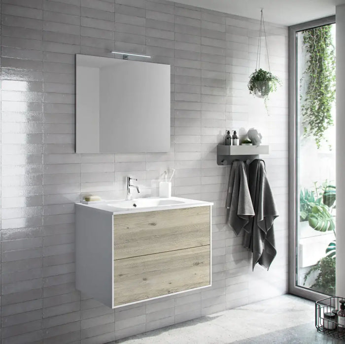 Mobile Bagno 60cm Sospeso Due Cassetti e Specchio - Pino Artico