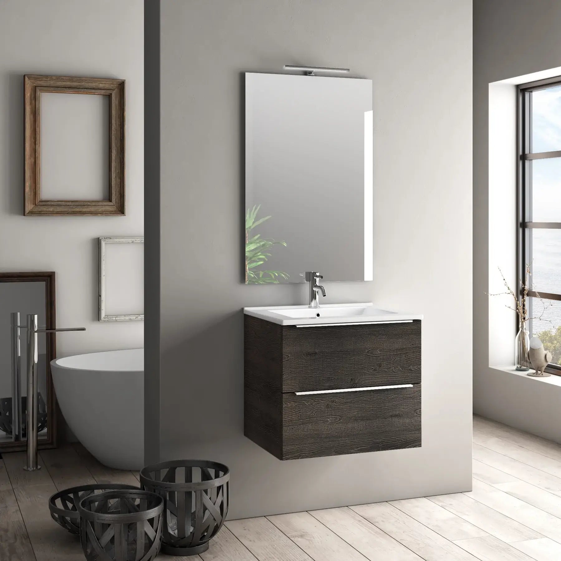 Mobile Bagno 60cm Sospeso Con 2 Cassetti e Specchio con Lampada LED - Testa di Moro
