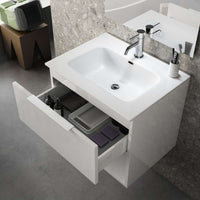 Mobile Bagno 60cm Sospeso Con Cassetto, Vano E Specchio - Bianco Laccato Lucido
