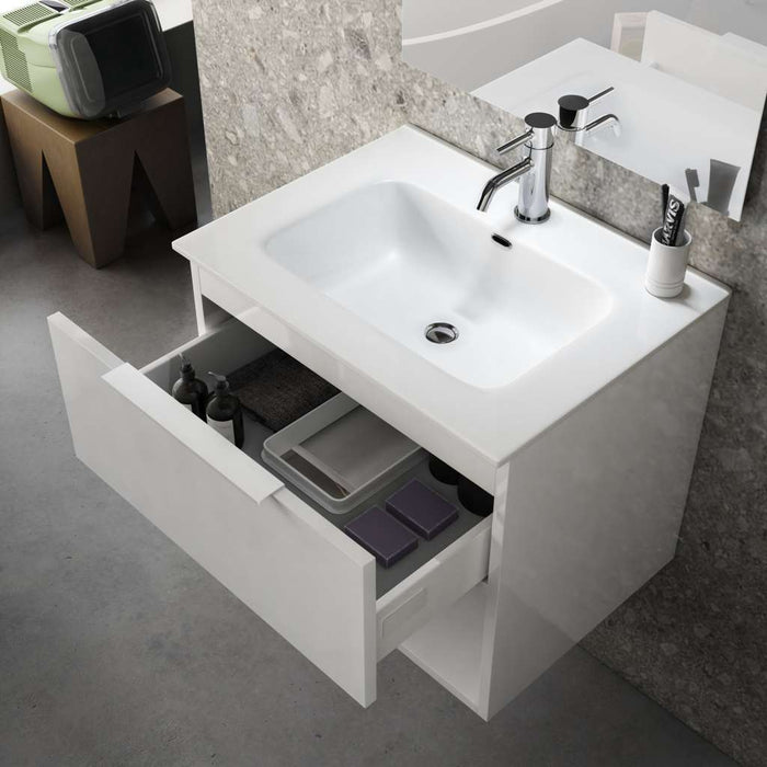 Mobile Bagno 60cm Sospeso Con Cassetto, Vano E Specchio - Bianco Laccato Lucido