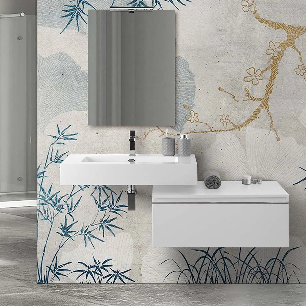 Mobile bagno 80 cm bianco lucido lavabo sospeso 100 cm Lodi e specchio Iside