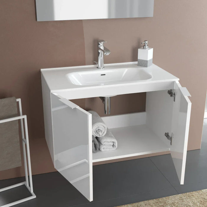 Composizione Mobile Bagno 80cm Sospeso Con 2 Ante e Specchio con Lampada - Rovere Miele
