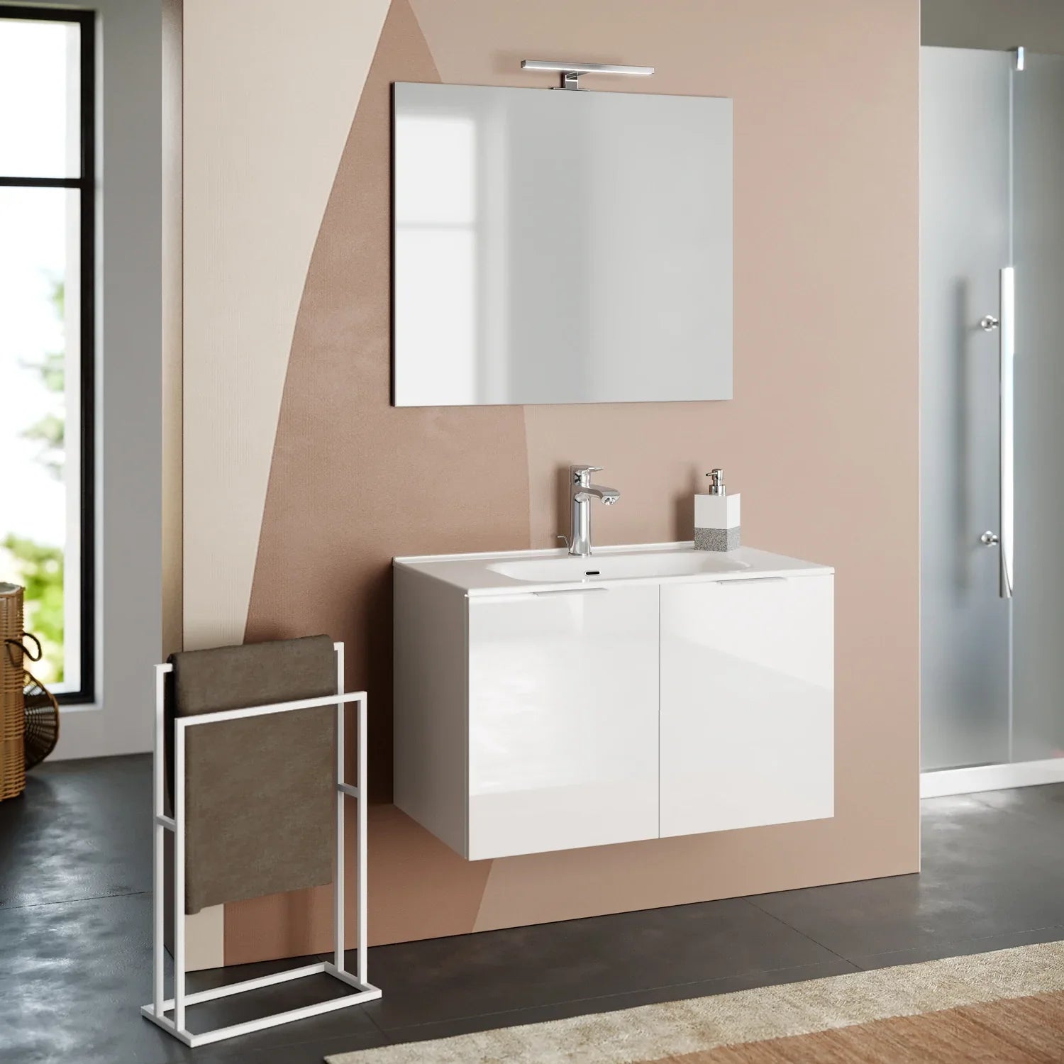 Composizione Mobile Bagno 80cm Sospeso Con 2 Ante e Specchio con Lampada - Bianco Laccato Lucido