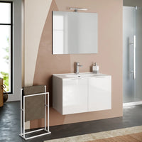 Composizione Mobile Bagno 80cm Sospeso Con 2 Ante e Specchio con Lampada - Bianco Laccato Lucido