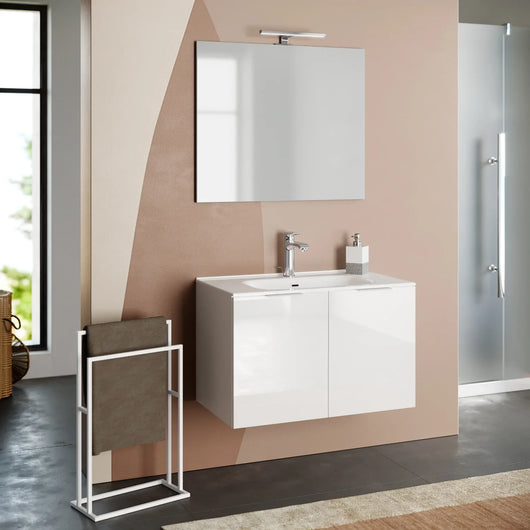 Composizione Mobile Bagno 80cm Sospeso Con 2 Ante e Specchio con Lampada - Bianco Laccato Lucido