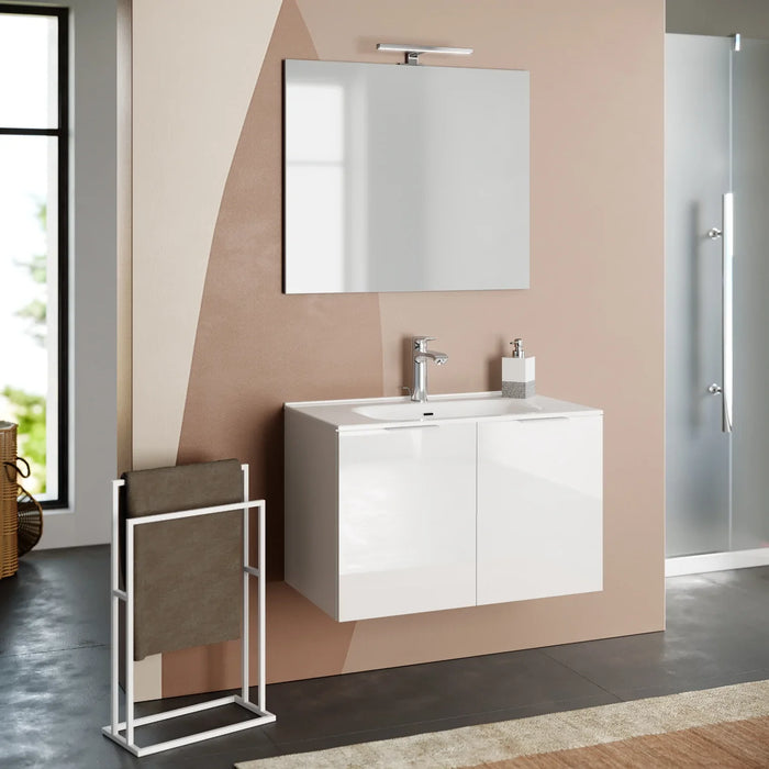 Composizione Mobile Bagno 80cm Sospeso Con 2 Ante e Specchio con Lampada - Bianco Laccato Lucido