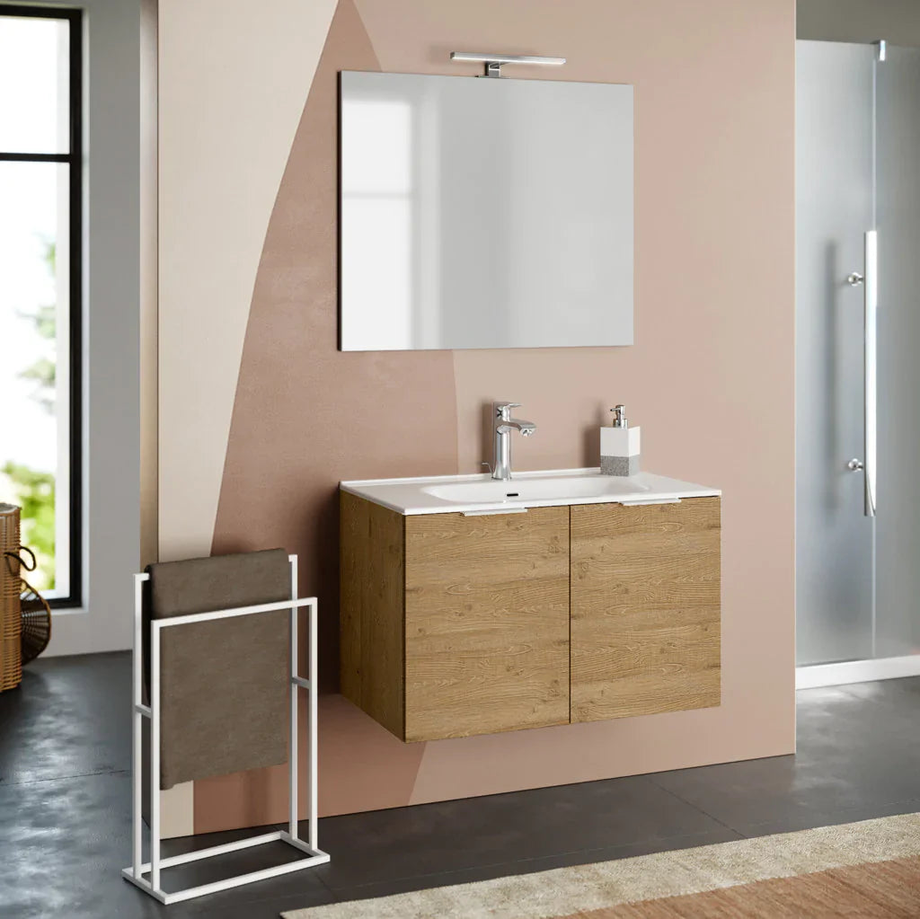 Composizione Mobile Bagno 80cm Sospeso Con 2 Ante e Specchio con Lampada - Rovere Miele