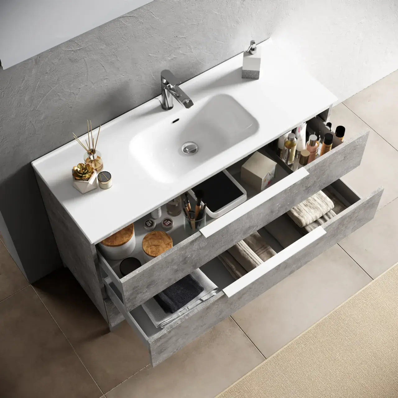 Mobile Bagno 90cm Sospeso Con Due Cassetti E Specchio Con Lampada - Bianco Laccato Lucido