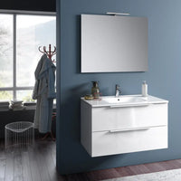 Composizione Bagno 80cm Sospesa Con Due Cassetti E Specchio Con Lampada - Bianco Laccato Lucido