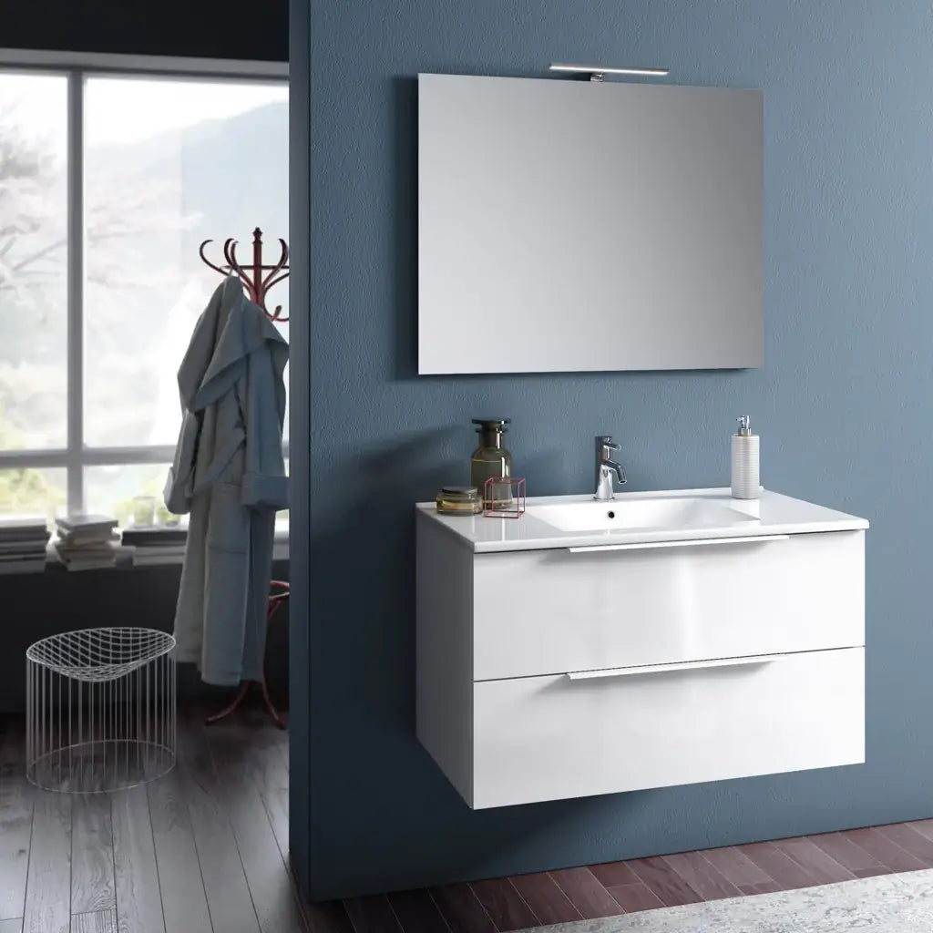 Composizione Mobile Bagno 100cm Sospeso Con Due Cassetti E Specchio Con Lampada - Bianco Laccato Lucido