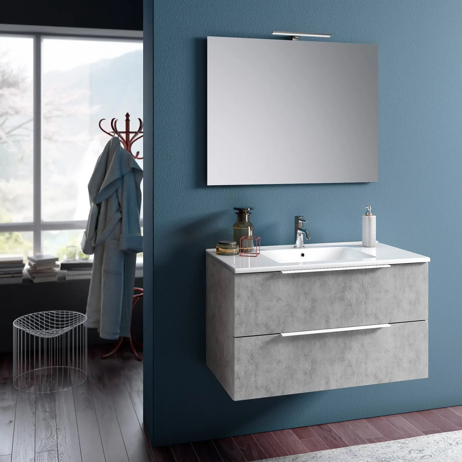 Mobile Bagno 90cm Sospeso Con Due Cassetti E Specchio Con Lampada - Cemento