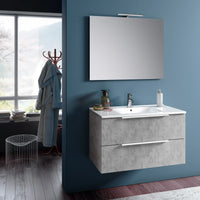 Composizione Bagno 80cm Sospesa Con Due Cassetti E Specchio Con Lampada - Cemento