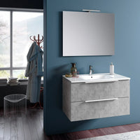 Composizione Mobile Bagno 100cm Sospeso Con Due Cassetti E Specchio Con Lampada - Cemento