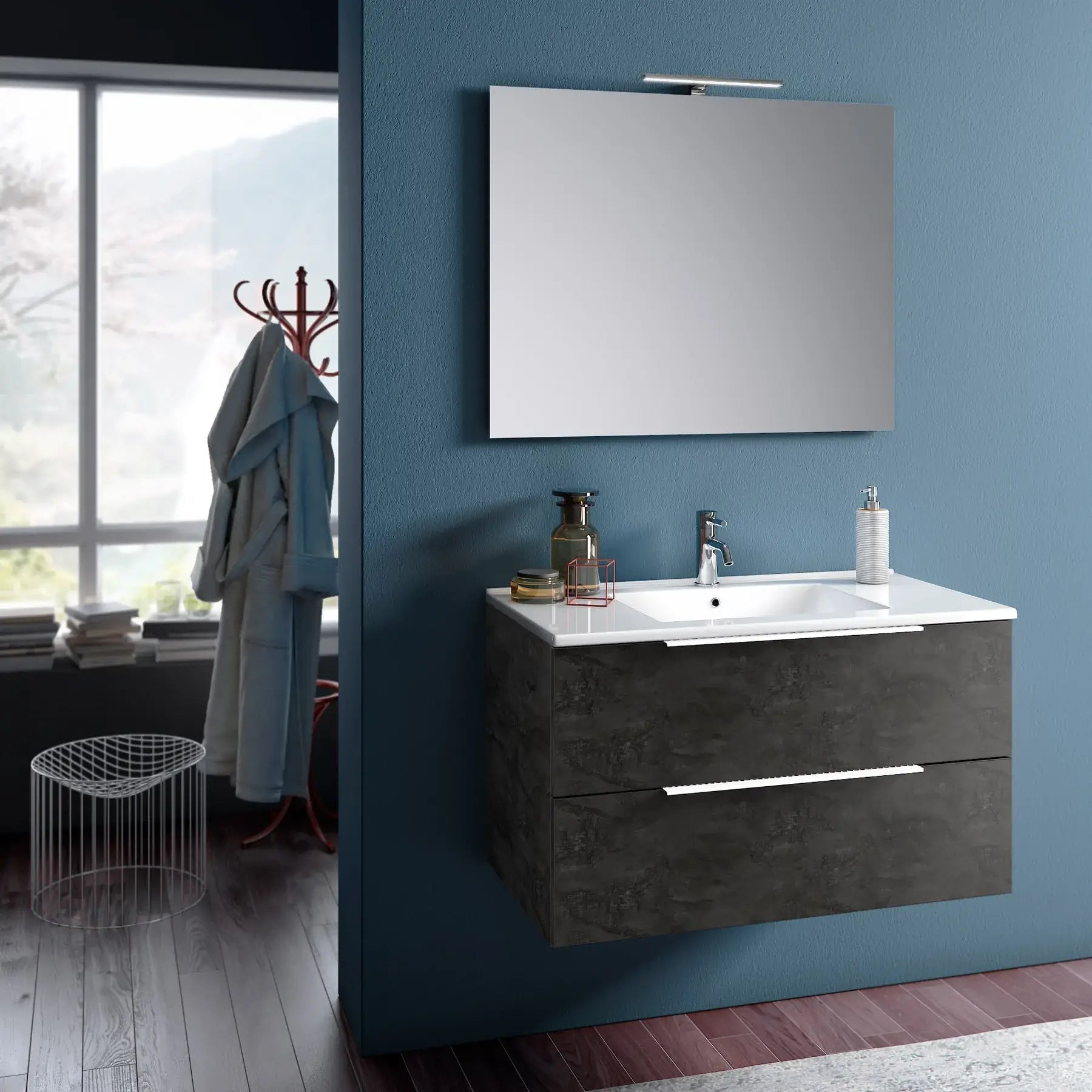 Mobile Bagno 90cm Sospeso Con Due Cassetti E Specchio Con Lampada - Ossido