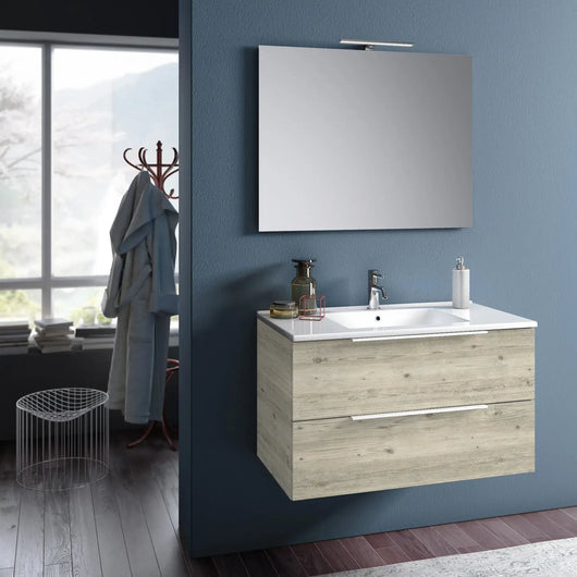 Mobile Bagno 90cm Sospeso Con Due Cassetti E Specchio Con Lampada - Pino Artico
