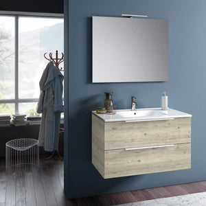 Composizione Bagno 80cm Sospesa Con Due Cassetti E Specchio Con Lampada - Pino Artico