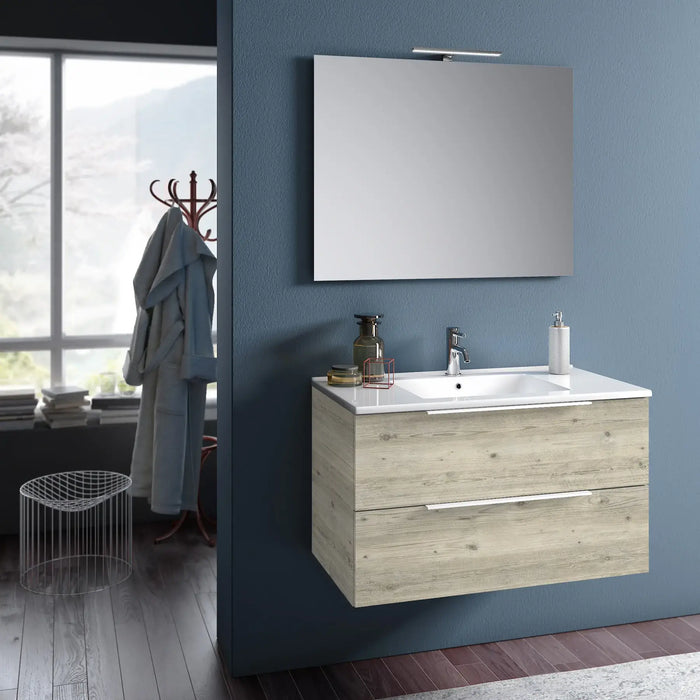 Composizione Bagno 80cm Sospesa Con Due Cassetti E Specchio Con Lampada - Pino Artico