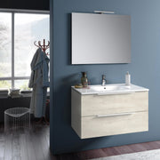 Mobile Bagno 90cm Sospeso Con Due Cassetti E Specchio Con Lampada - Rovere Alaska
