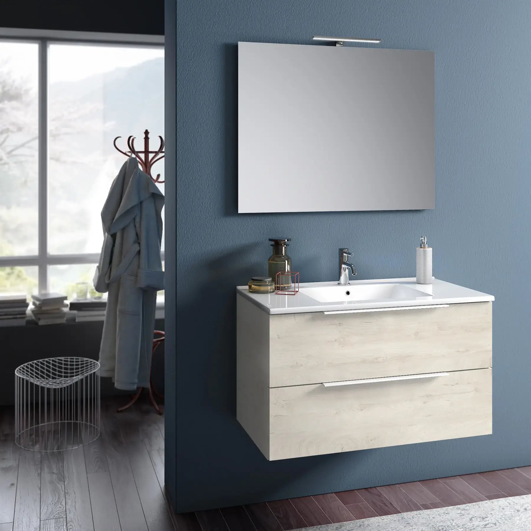 Mobile Bagno 90cm Sospeso Con Due Cassetti E Specchio Con Lampada - Rovere Alaska