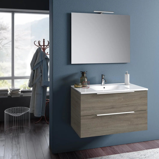 Mobile Bagno 90cm Sospeso Con Due Cassetti E Specchio Con Lampada - Rovere Cenere