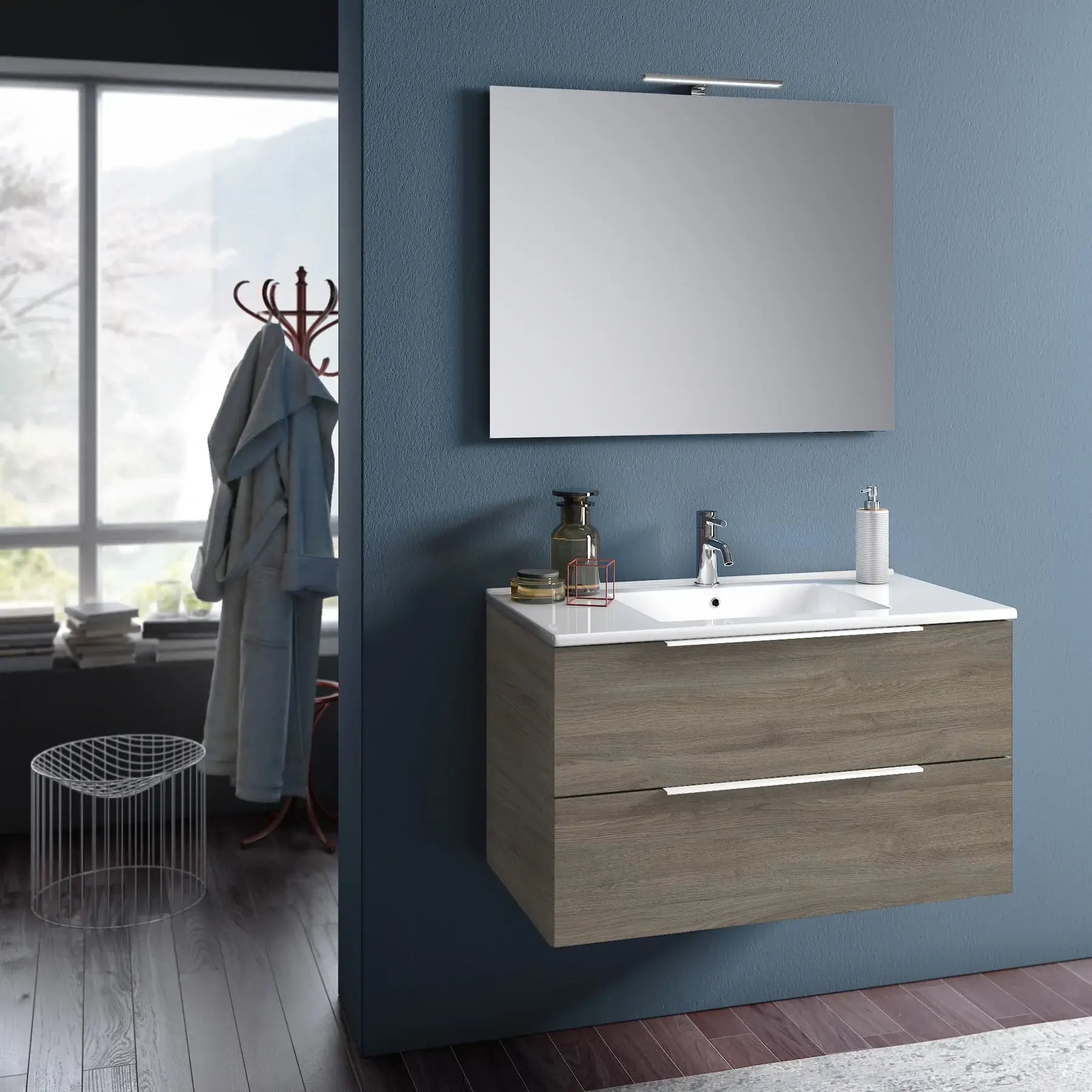 Composizione Mobile Bagno 100cm Sospeso Con Due Cassetti E Specchio Con Lampada - Rovere Cenere