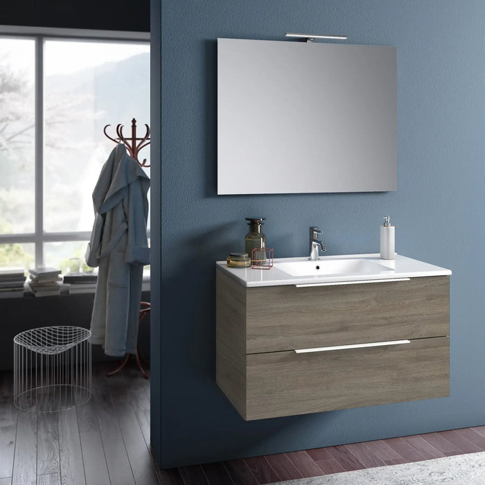 Composizione Mobile Bagno 100cm Sospeso Con Due Cassetti E Specchio Con Lampada - Rovere Cenere