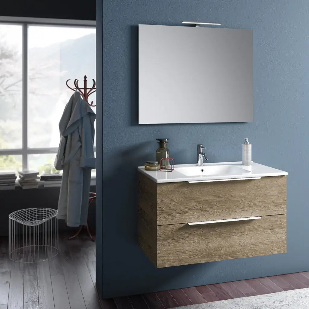 Composizione Mobile Bagno 100cm Sospeso Con Due Cassetti E Specchio Con Lampada - Rovere Miele