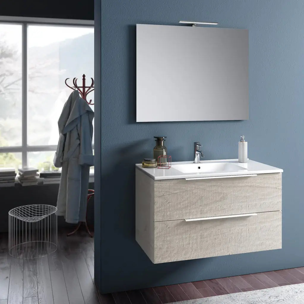 Mobile Bagno 90cm Sospeso Con Due Cassetti E Specchio Con Lampada - Sherwood