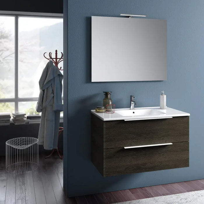 Composizione Bagno 80cm Sospesa Con Due Cassetti E Specchio Con Lampada - Testa di Moro