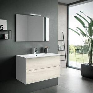 Composizione Mobile Bagno 100cm Sospeso Due Cassetti e Specchio Con Lampada - Rovere Alaska