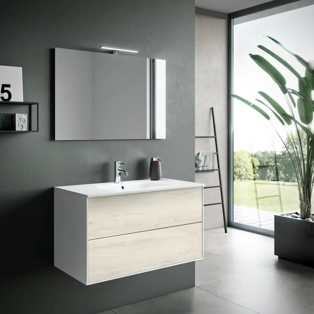 Composizione Mobile Bagno 90cm Sospeso Due Cassetti e Specchio Con Lampada - Rovere Alaska