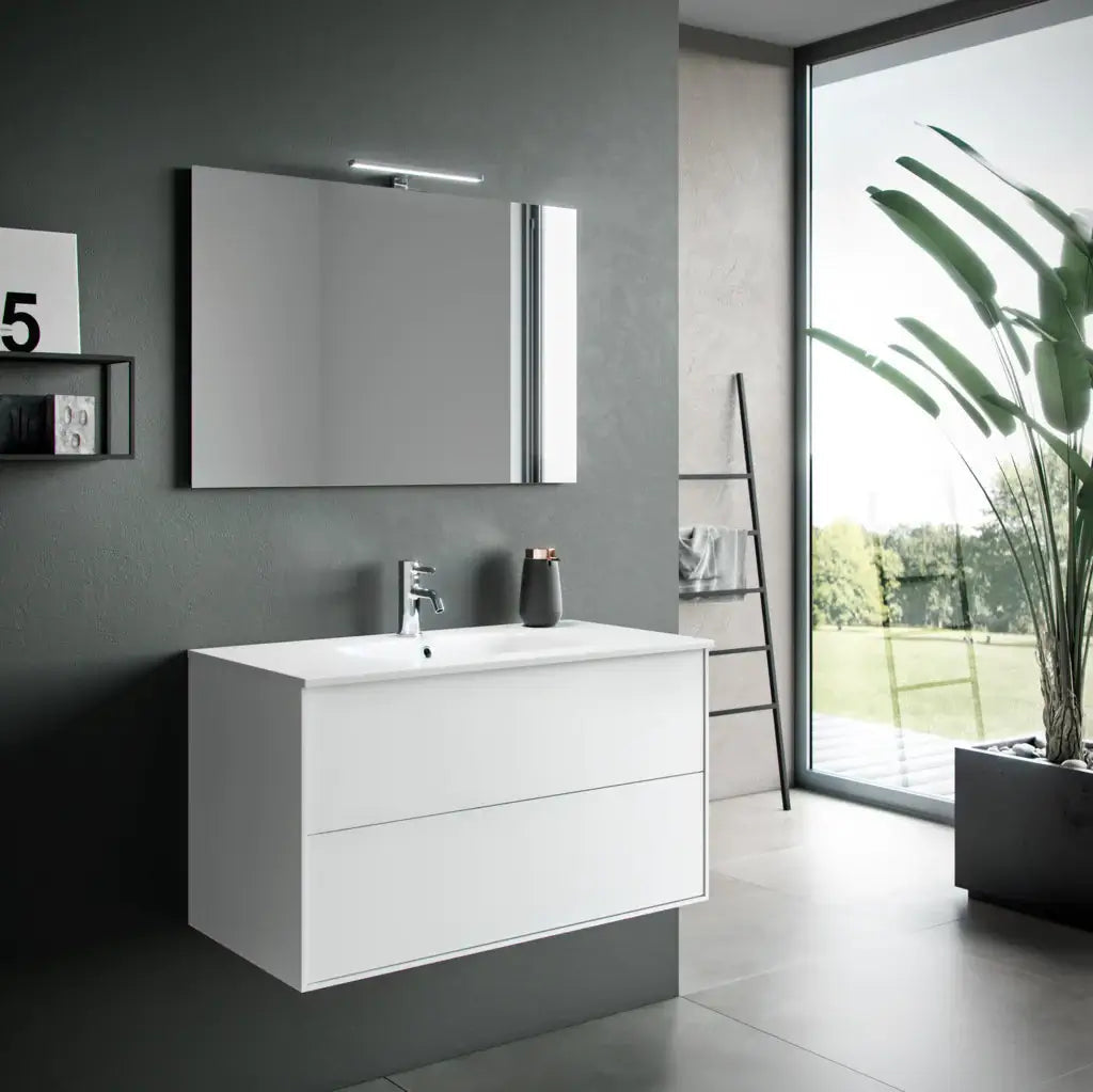 Composizione Mobile Bagno 100cm Sospeso Due Cassetti e Specchio Con Lampada - Bianco Opaco