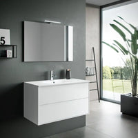 Composizione Mobile Bagno 90cm Sospeso Due Cassetti e Specchio Con Lampada - Bianco Opaco