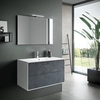 Composizione Mobile Bagno 100cm Sospeso Due Cassetti e Specchio Con Lampada - Blu Effetto Pietra