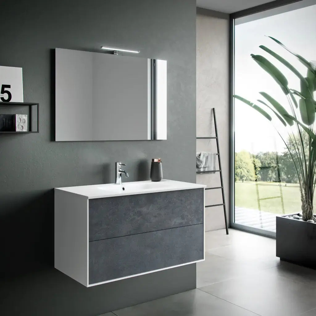 Composizione Mobile Bagno 90cm Sospeso Due Cassetti e Specchio Con Lampada - Blu Effetto Pietra
