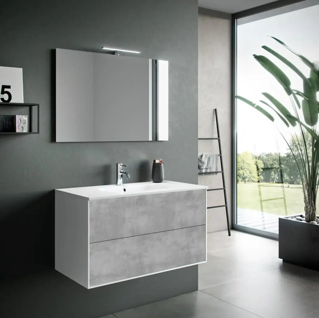 Composizione Mobile Bagno 90cm Sospeso Due Cassetti e Specchio Con Lampada - Cemento