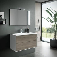 Composizione Mobile Bagno 100cm Sospeso Due Cassetti e Specchio Con Lampada - Rovere Cenere