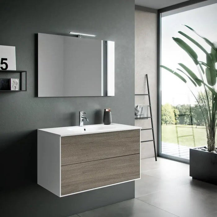 Composizione Mobile Bagno 100cm Sospeso Due Cassetti e Specchio Con Lampada - Rovere Cenere