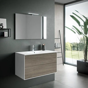 Composizione Mobile Bagno 90cm Sospeso Due Cassetti e Specchio Con Lampada - Rovere Cenere