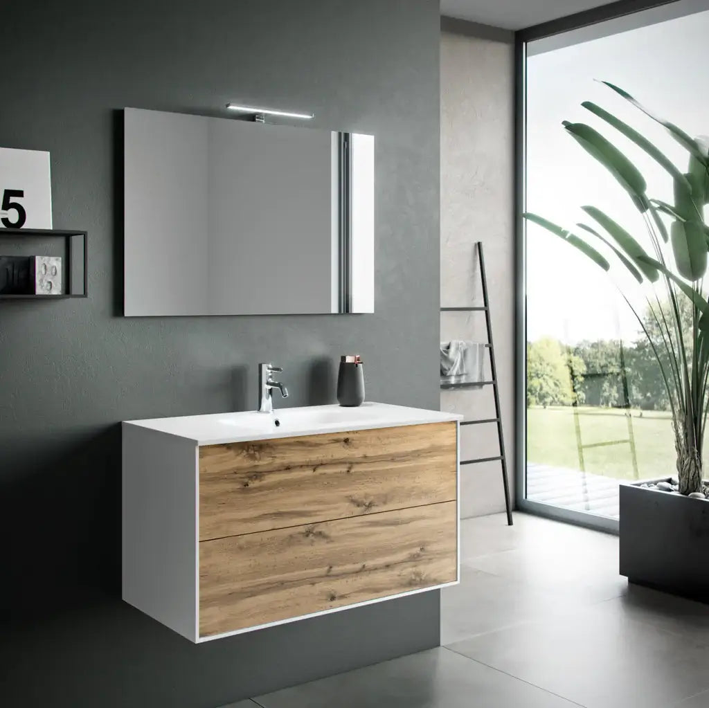 Composizione Mobile Bagno 90cm Sospeso Due Cassetti e Specchio Con Lampada - Rovere Miele