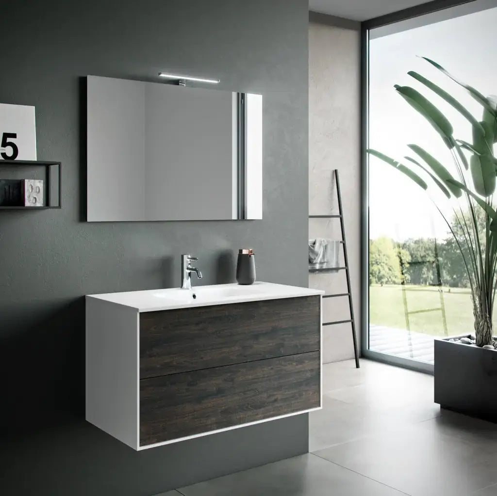 Composizione Mobile Bagno 100cm Sospeso Due Cassetti e Specchio Con Lampada - Testa di Moro