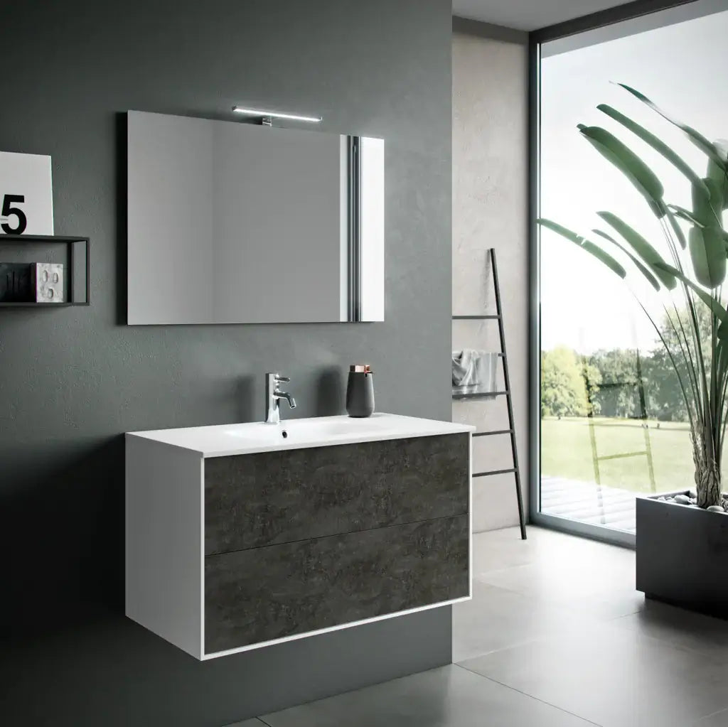 Composizione Mobile Bagno 100cm Sospeso Due Cassetti e Specchio Con Lampada - Ossido