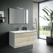 Composizione Mobile Bagno 100cm Sospeso Due Cassetti e Specchio Con Lampada - Pino Artico