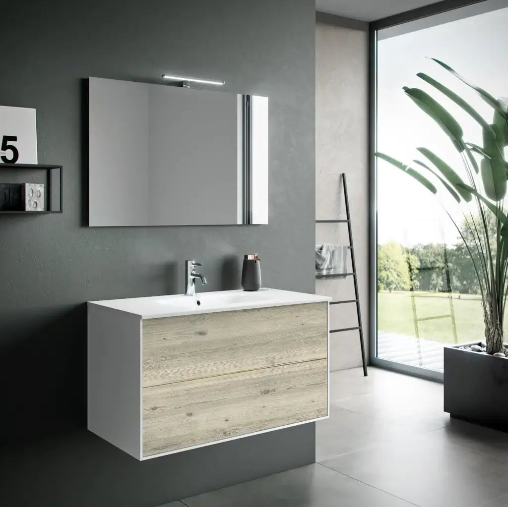 Composizione Mobile Bagno 90cm Sospeso Due Cassetti e Specchio Con Lampada - Pino Artico