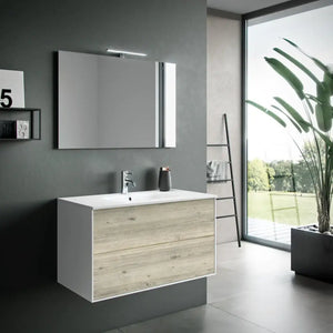 Composizione Mobile Bagno 90cm Sospeso Due Cassetti e Specchio Con Lampada - Pino Artico