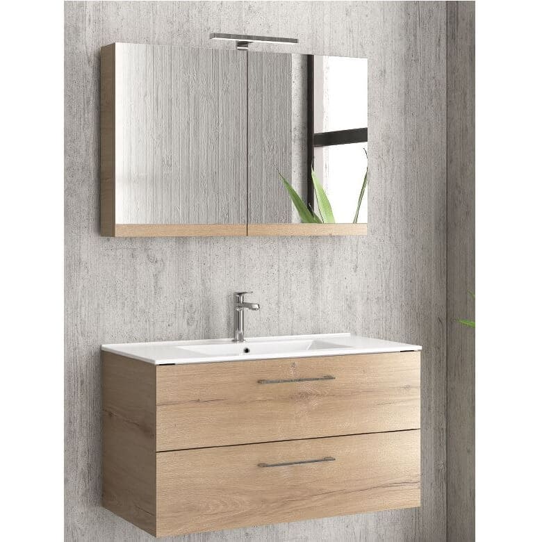 Mobile Bagno 90cm Sospeso Con Specchio Contenitore - New Elsa - Silver Oak