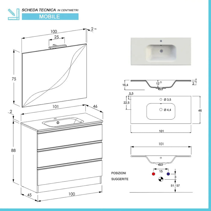 Mobile bagno a terra 100 cm Master grigio con lavabo e specchio