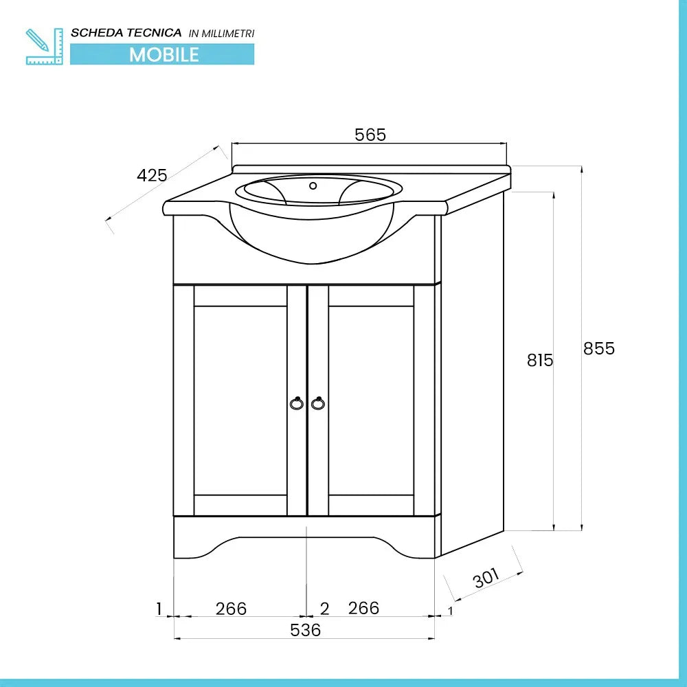 Mobile bagno a terra 55 bianco decape con lavabo e specchio  Romantica