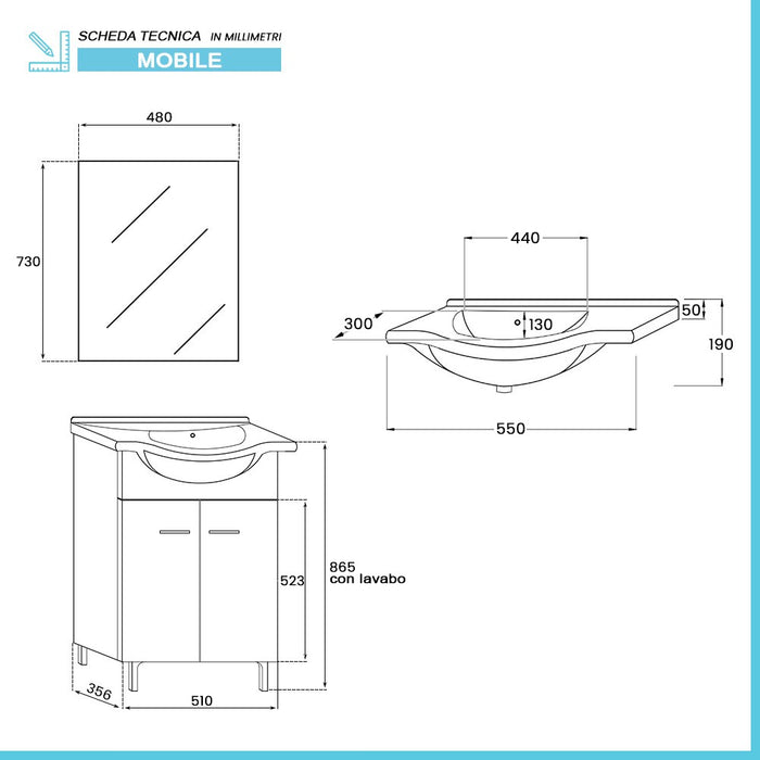 Mobile bagno a terra 55 cm bianco completo di lavabo e specchio Desya